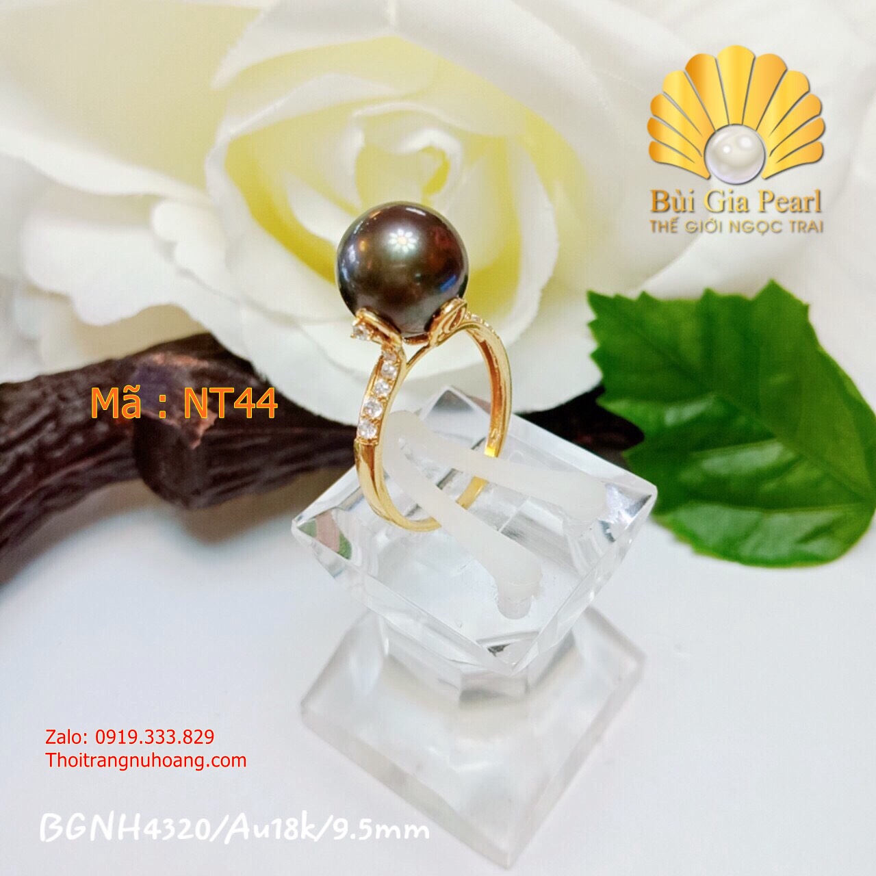 Nhẫn ngọc trai vàng 18k xanh đen ánh rêu cao cấp NT44